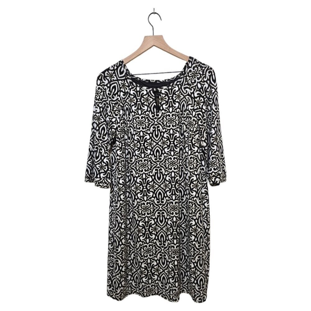 Laundry by Shelli Segal Black & White Geometric 3/4 Sleeve Mini Shift Dress Sz S